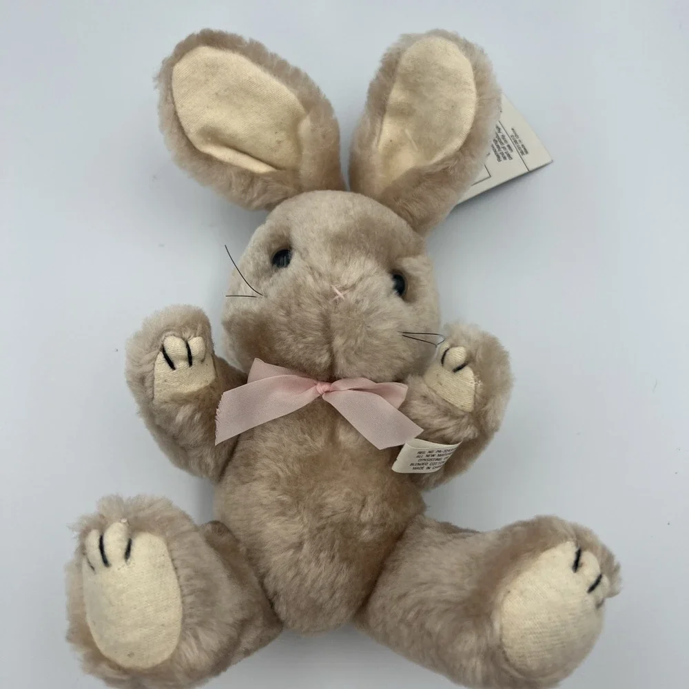 Vintage Tan‎ Beige Bunny Rabbit Pink Bow Plush Jointed 8